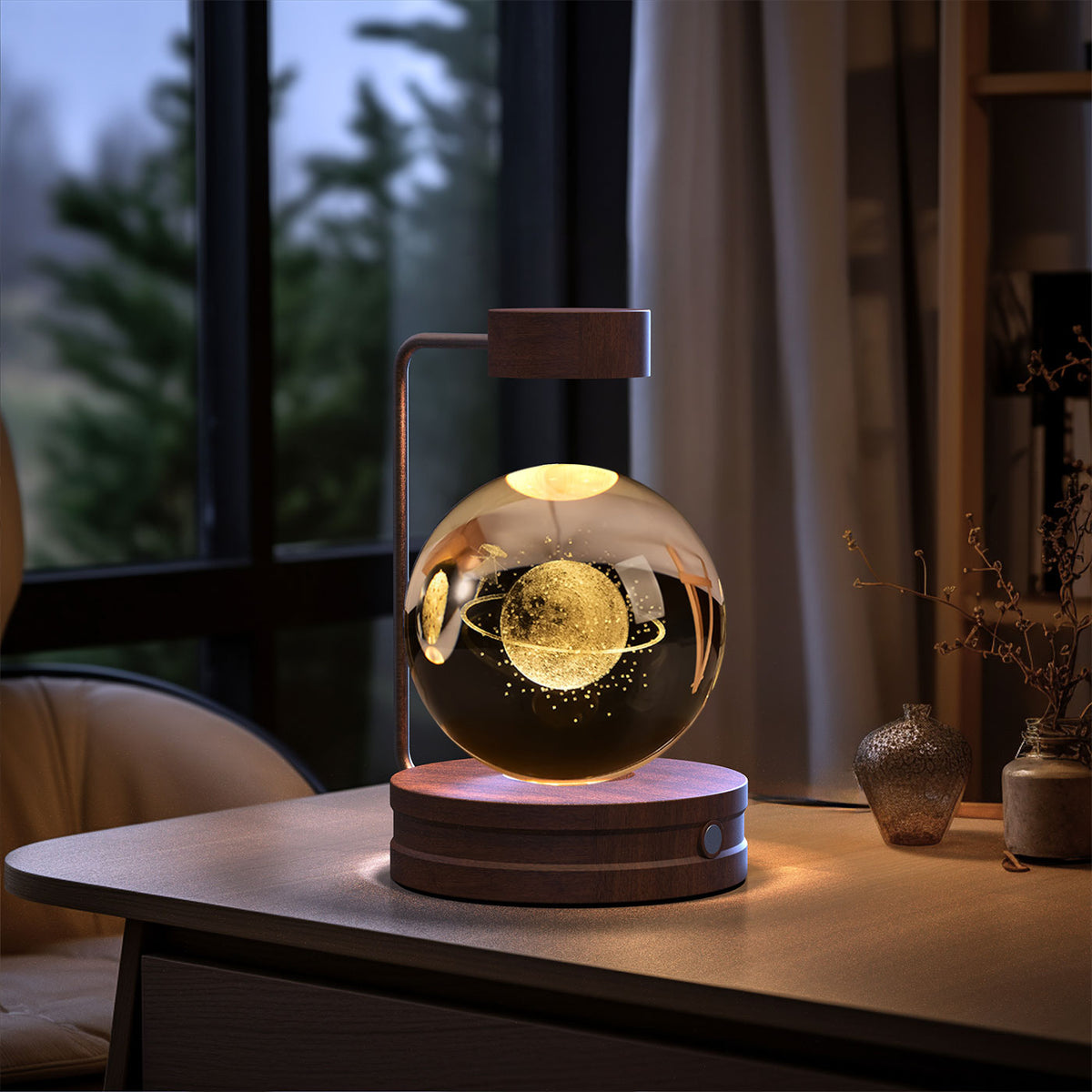 Crystal Ball Night Light With 3D Pattern On Wooden Base