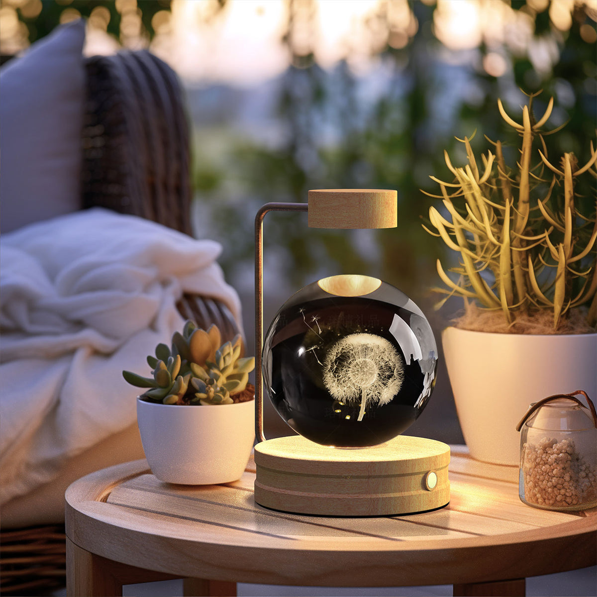 Crystal Ball Night Light With 3D Pattern On Wooden Base