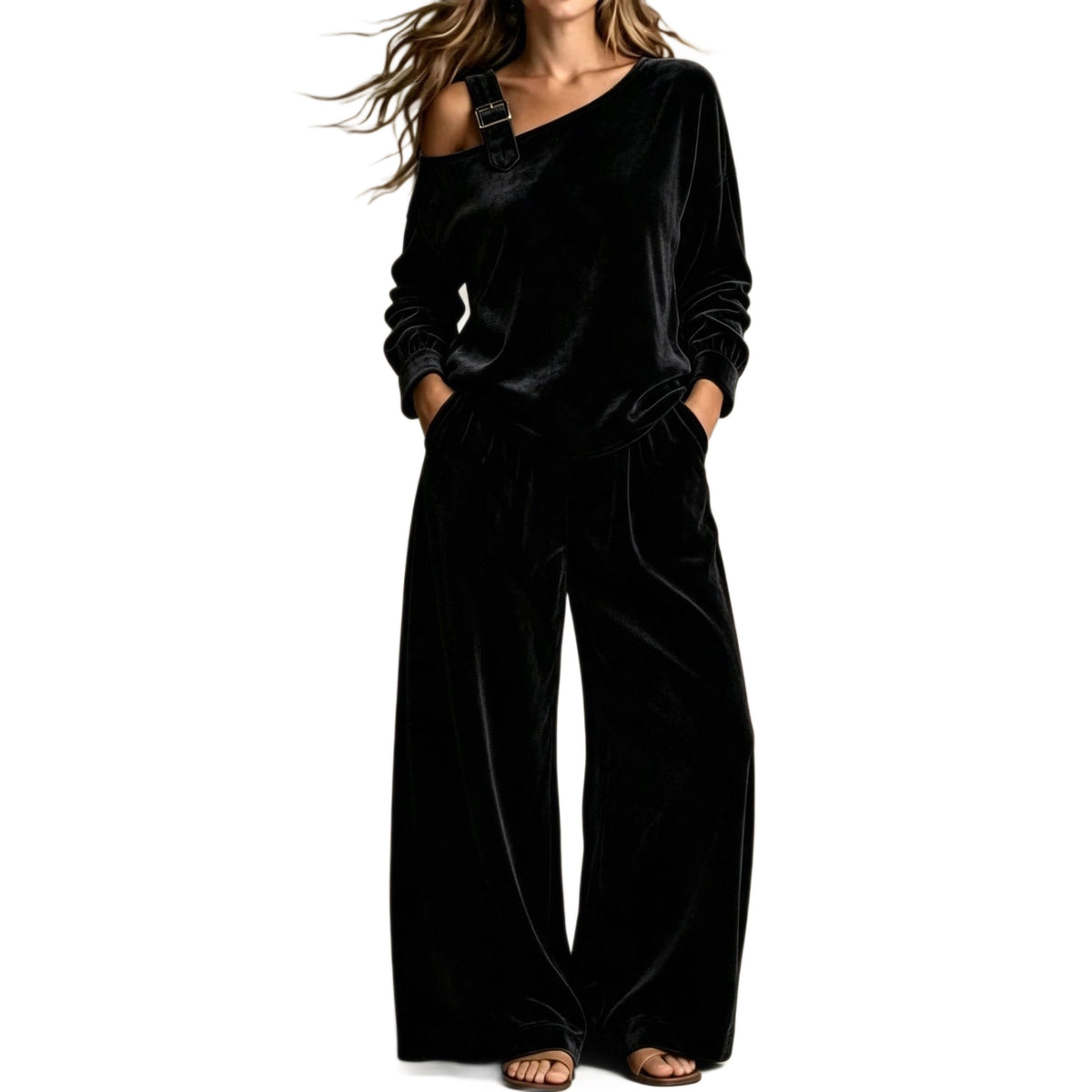 Women's Velvet Off-Shoulder Two-Piece Set, Soft Casual Outfit