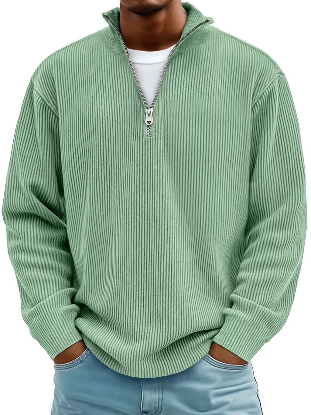 Corduroy Zip-Up Stand Collar Sweatshirt, Warm Solid Colour Top for Men