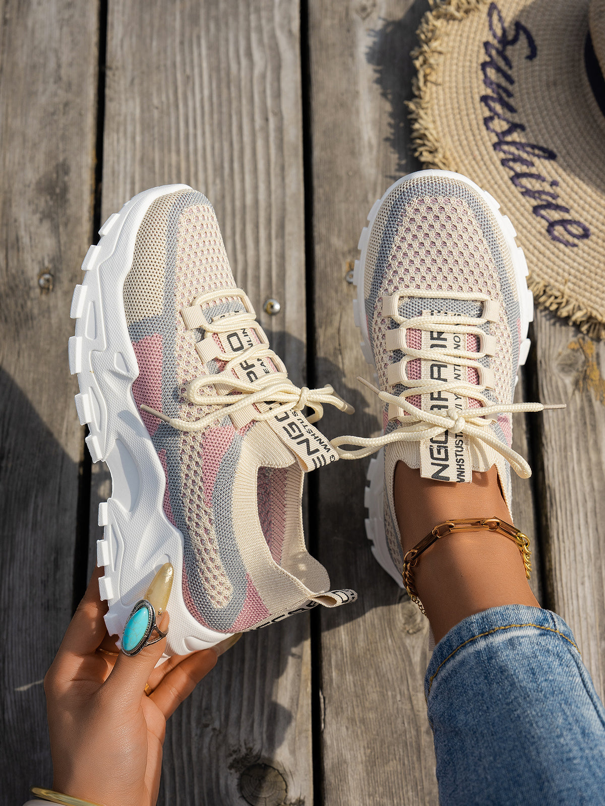 Women's Flyknit Mesh Lace-Up Sneakers, Breathable Walking and Running Shoes