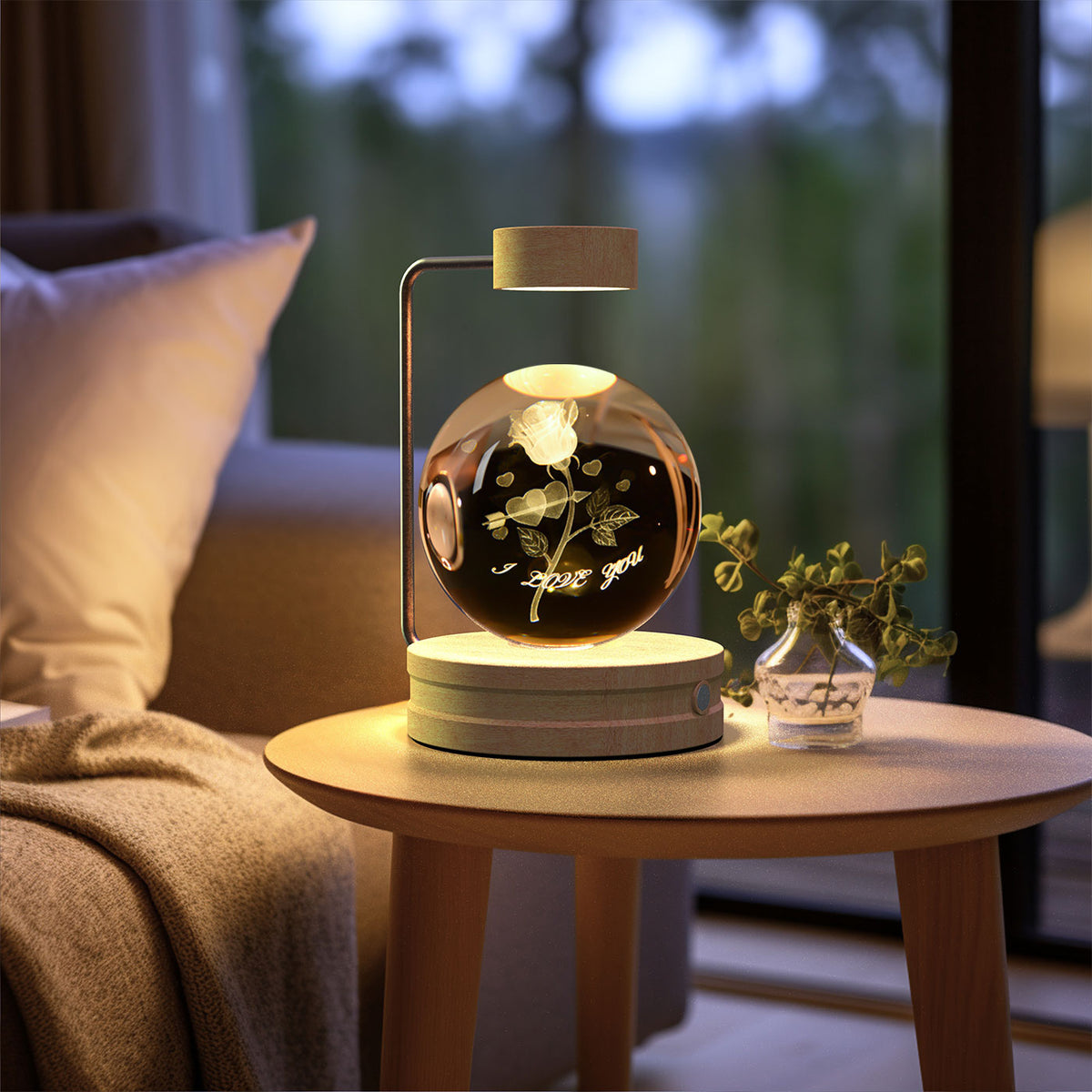 Crystal Ball Night Light With 3D Pattern On Wooden Base