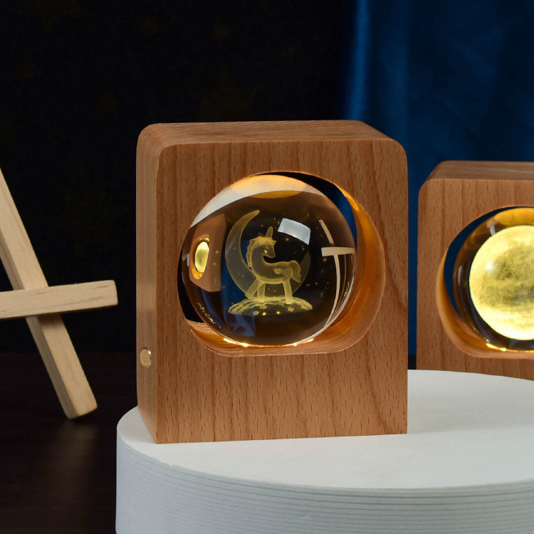 3D Engraved Crystal Ball Night Light with Beech Wood Base