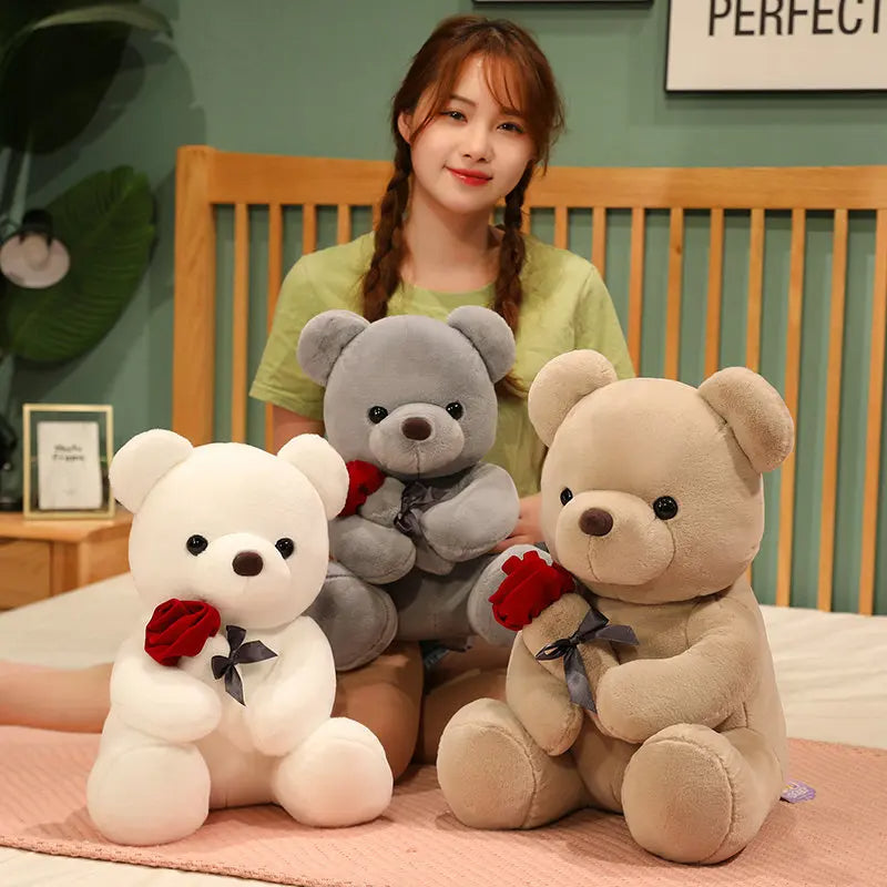 Lovely Hug Roses Teddy Bear Plush Pillow, Soft Stuffed Animal Doll