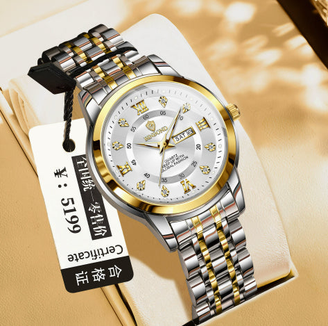 Light-Luxury Business Quartz Watch For Men In Steel And Gold