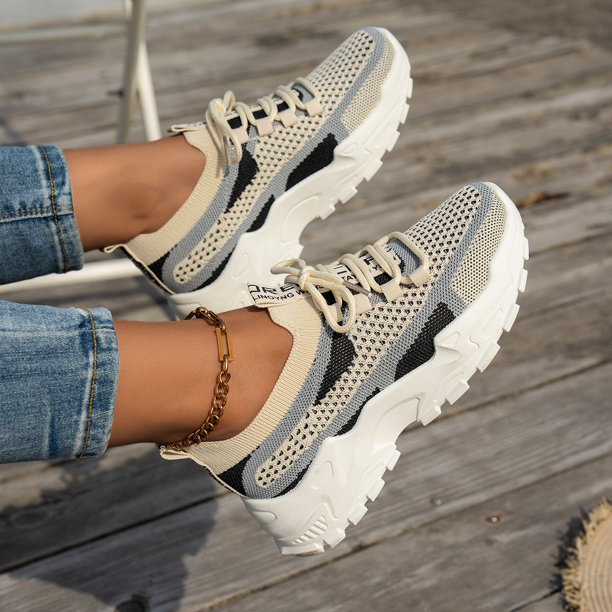 Women's Flyknit Mesh Lace-Up Sneakers, Breathable Walking and Running Shoes