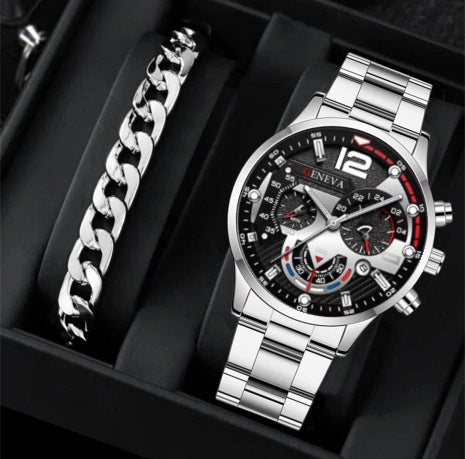 Men's Three-Eye Quartz Watch And Bracelet Set In Steel Strip