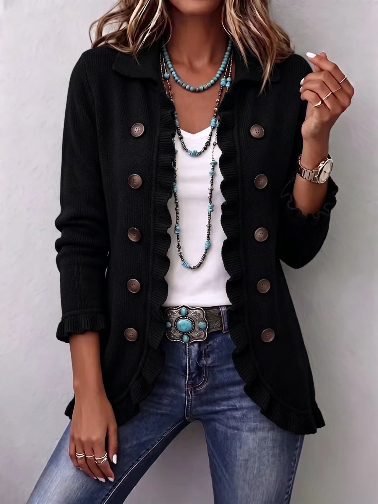 Women's Ruffled Long-Sleeve Knit Cardigan With Buttons