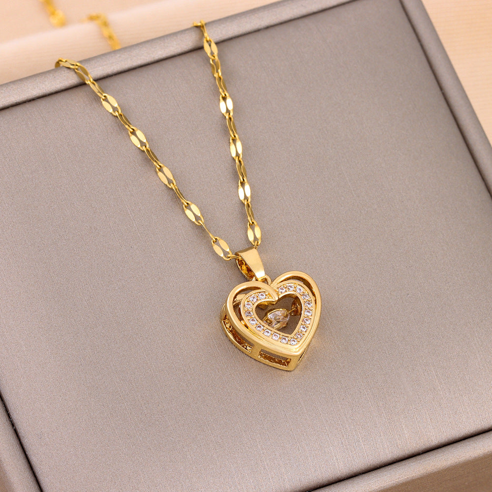 Double-Layer Love Heart Necklace With Rhinestones, Titanium Steel