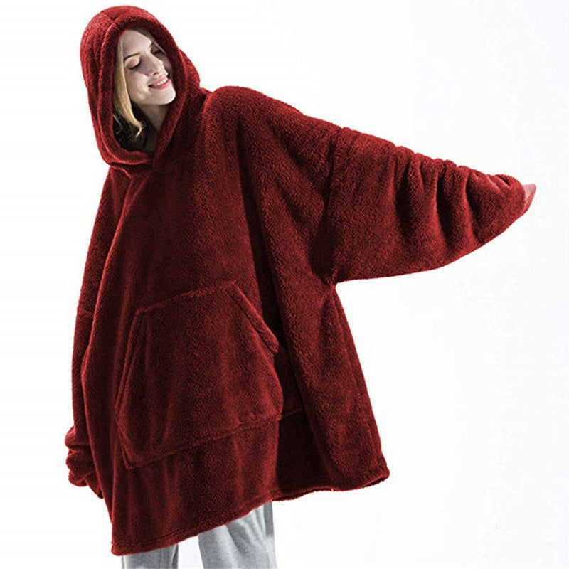 Oversized Fleece Hoodie With Big Pocket, Thick Double-Sided