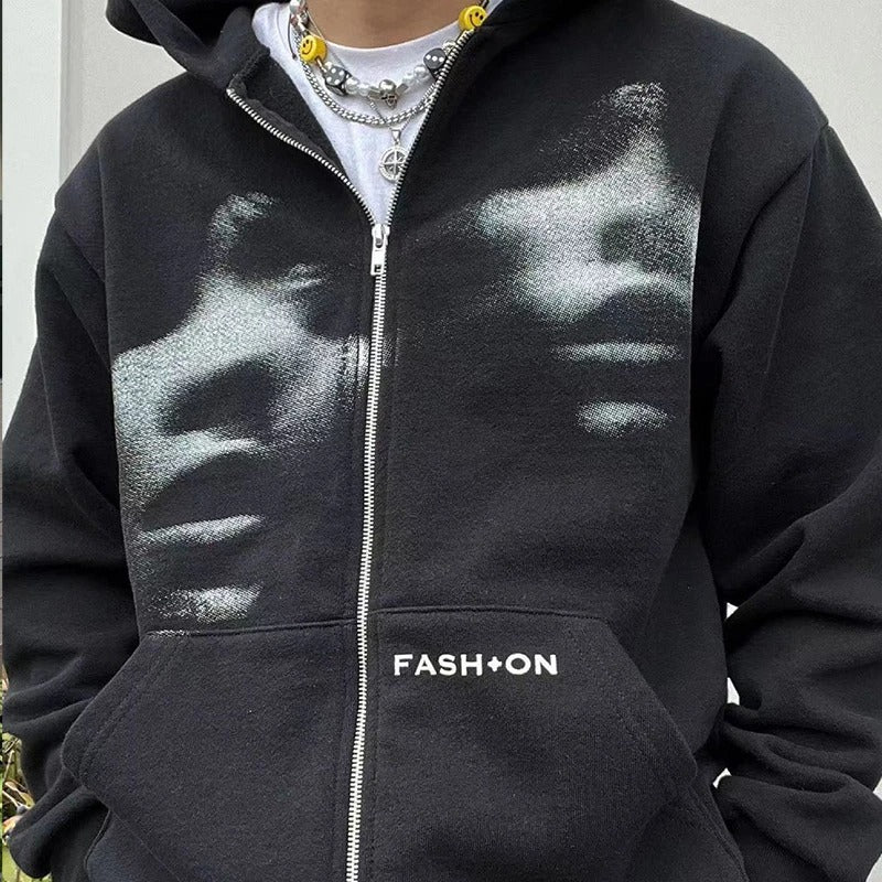 Unisex Y2K Style Zip Hoodie in Black, Sizes M to 2XL