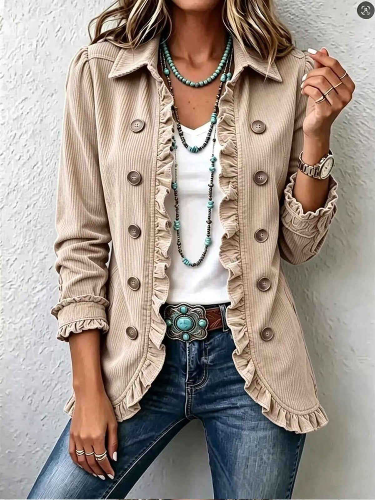 Women's Ruffled Long-Sleeve Knit Cardigan With Buttons