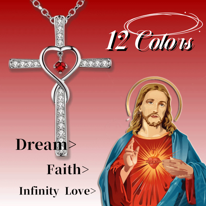 Birthstone Crystal Cross and Heart Pendant Necklace, Gold-Plated