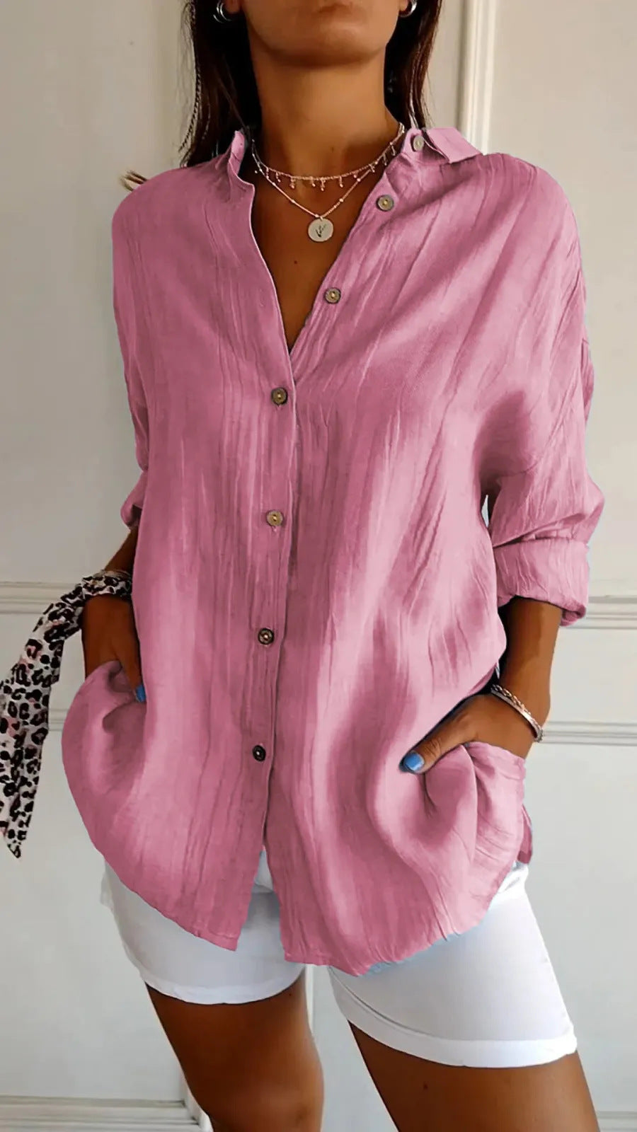 Women's Pleated Single-Breasted Lapel Shirt, Loose Fit, XS to 5XL