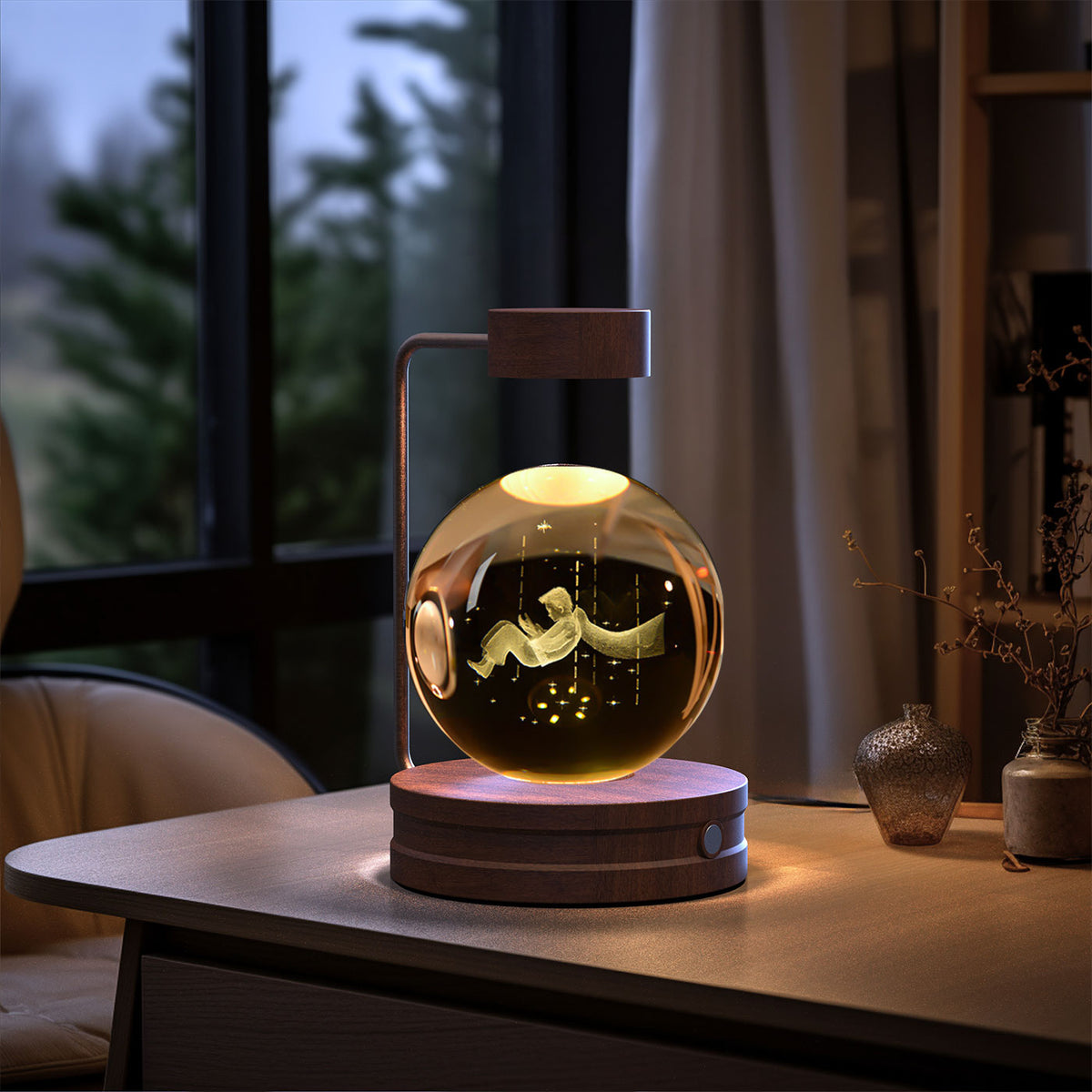 Crystal Ball Night Light With 3D Pattern On Wooden Base