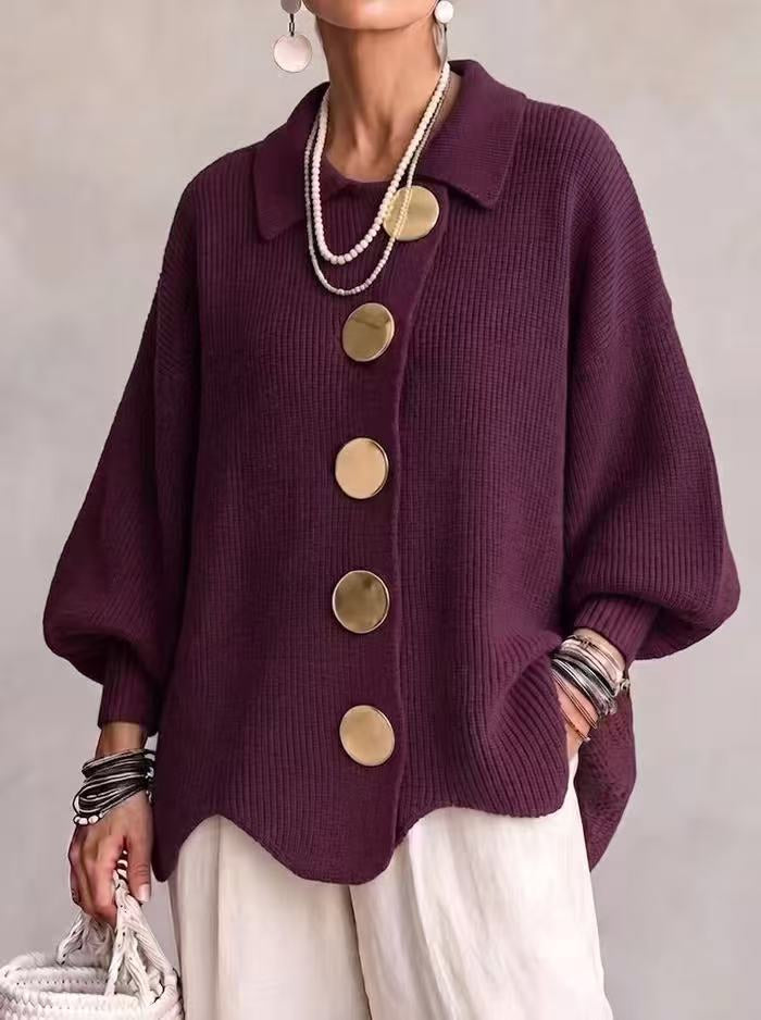 Women's Button-Down Knitted Cardigan, Loose Lapel Jacket