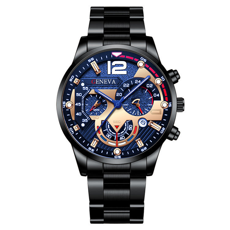 Men's Three-Eye Quartz Watch And Bracelet Set In Steel Strip