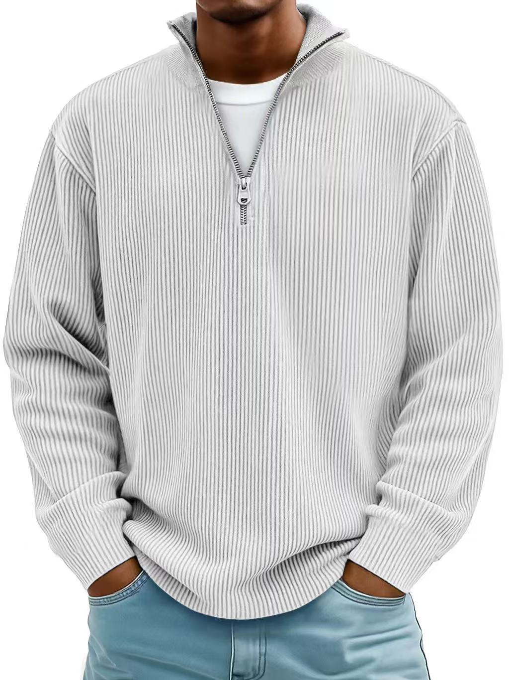 Corduroy Zip-Up Stand Collar Sweatshirt, Warm Solid Colour Top for Men