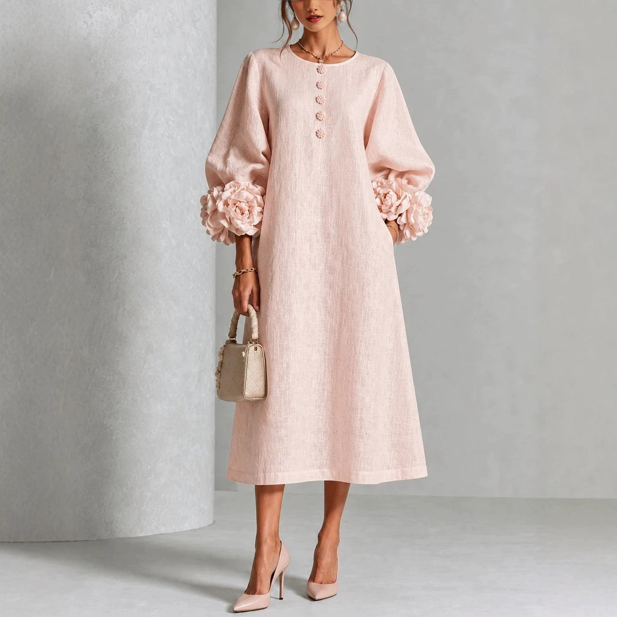 Floral Puff Sleeve A-Line Dress With 3D Flowers For Parties