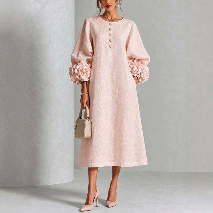 A-Linien-Kleid mit Blumenmuster, Puffärmeln und 3D-Blüten für Partys