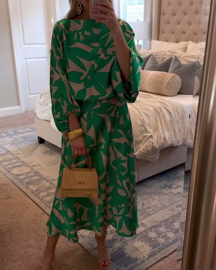 Ensemble deux pièces pour femme à imprimé vert, haut à manches lanternes et jupe midi