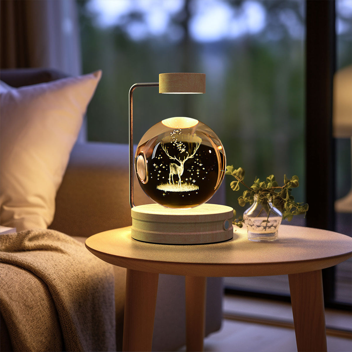 Crystal Ball Night Light With 3D Pattern On Wooden Base