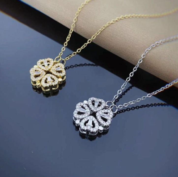 Retro Magnetic Folding Heart Four Leaf Clover Necklace