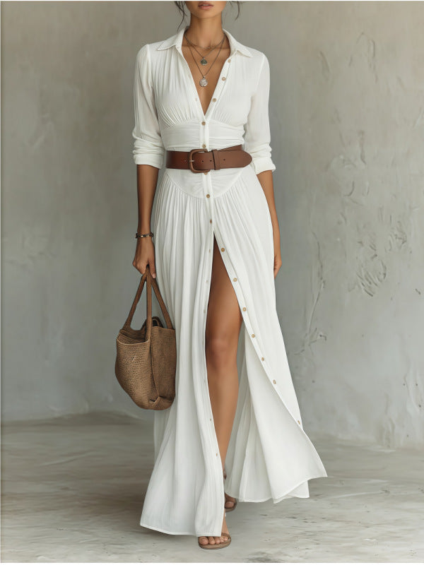 Women's V-Neck Long Dress with High Side Split, Loose Casual Maxi