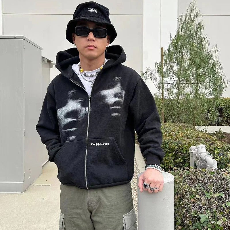Unisex Y2K Style Zip Hoodie in Black, Sizes M to 2XL