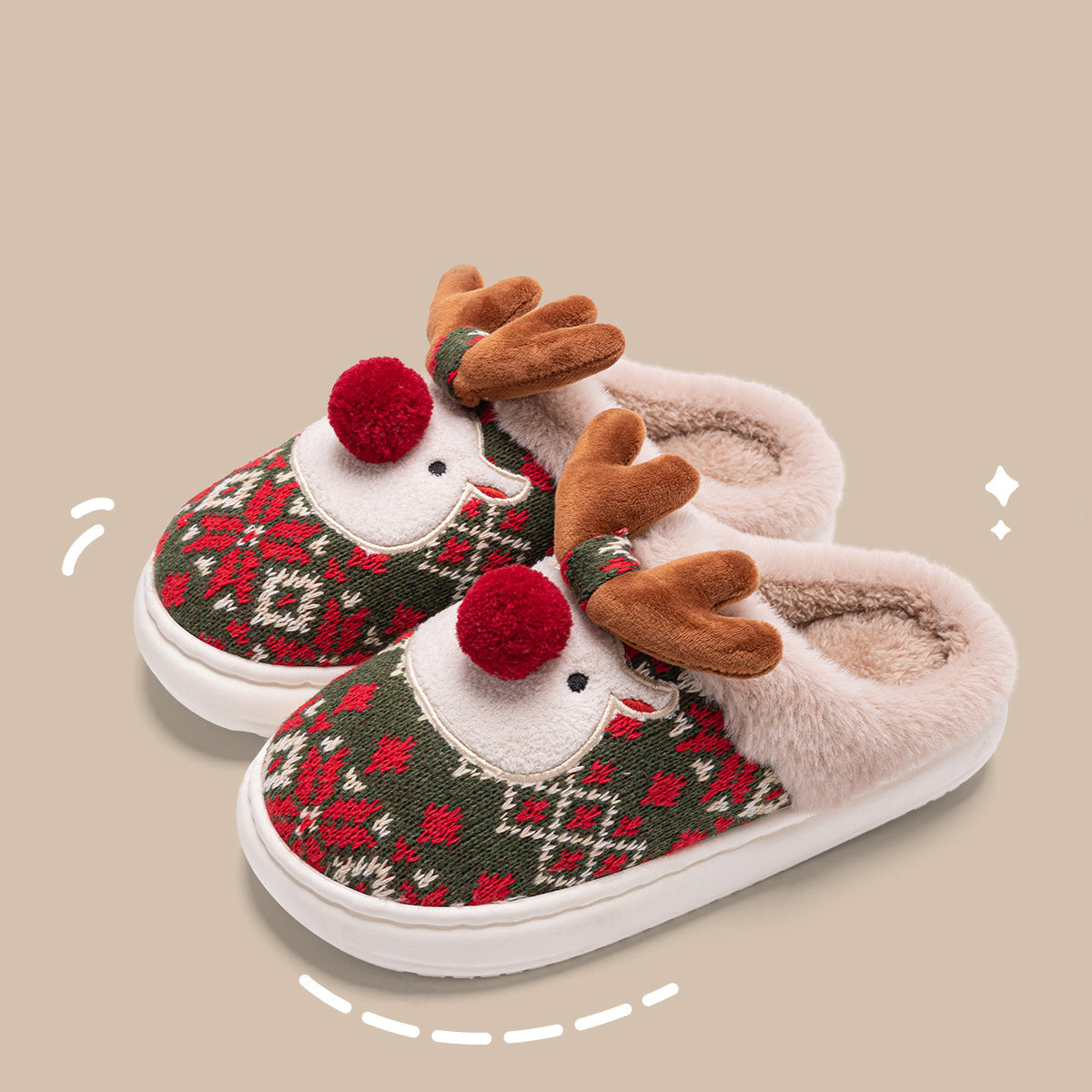 Cute Christmas Elk Plush Slippers with Non-Slip Sole