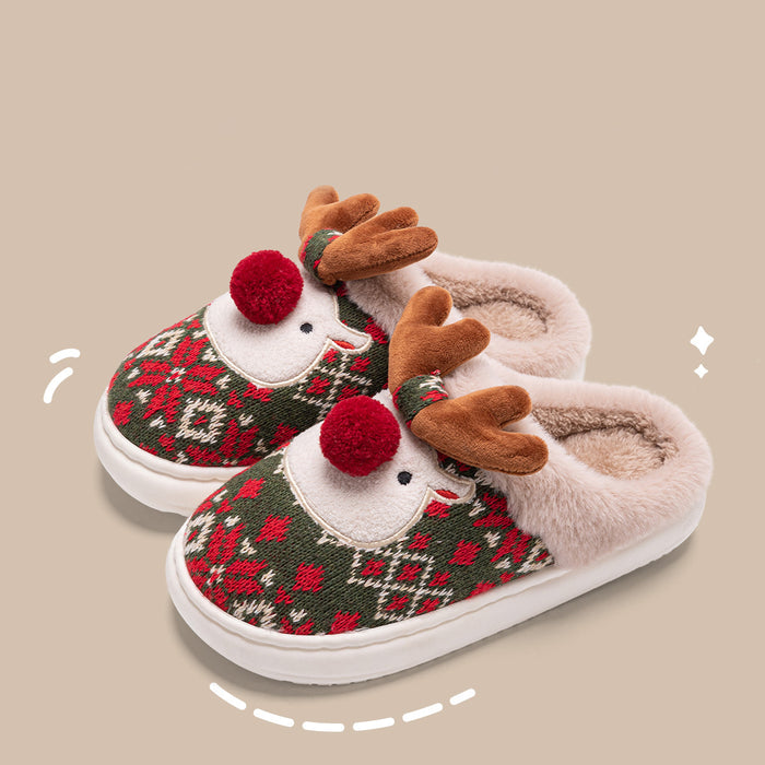 Chinelos de pelúcia fofos com alce de Natal e sola antiderrapante