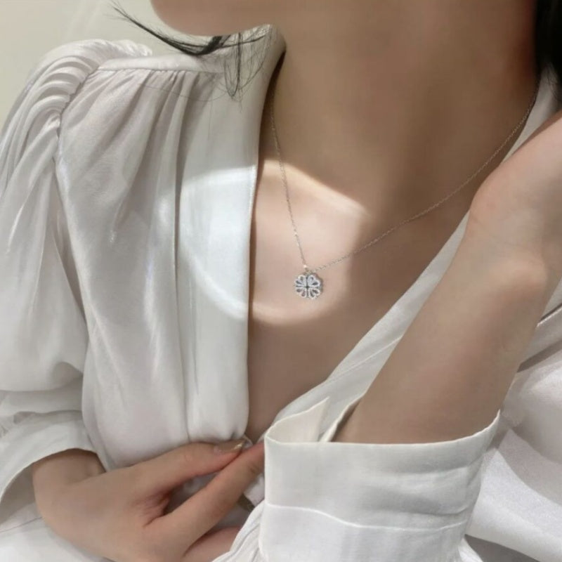 Retro Magnetic Folding Heart Four Leaf Clover Necklace