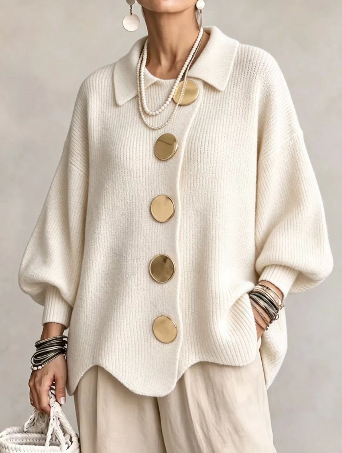 Women's Button-Down Knitted Cardigan, Loose Lapel Jacket