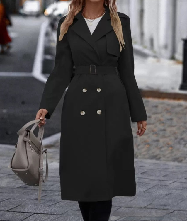 Women's Double-Breasted Trench Coat With Belt, Long Winter Jacket