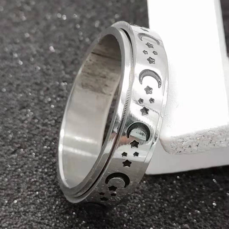 Stainless Steel Spinner Ring With Moon And Stars Design