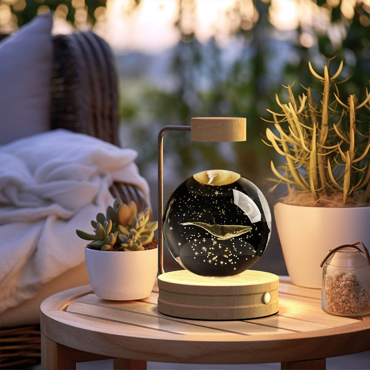 Crystal Ball Night Light With 3D Pattern On Wooden Base