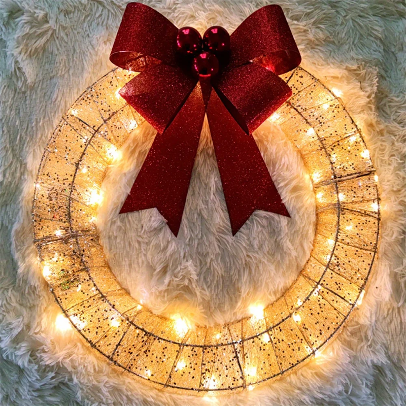 50cm Christmas Garland with Warm LED Lights and Big Bow