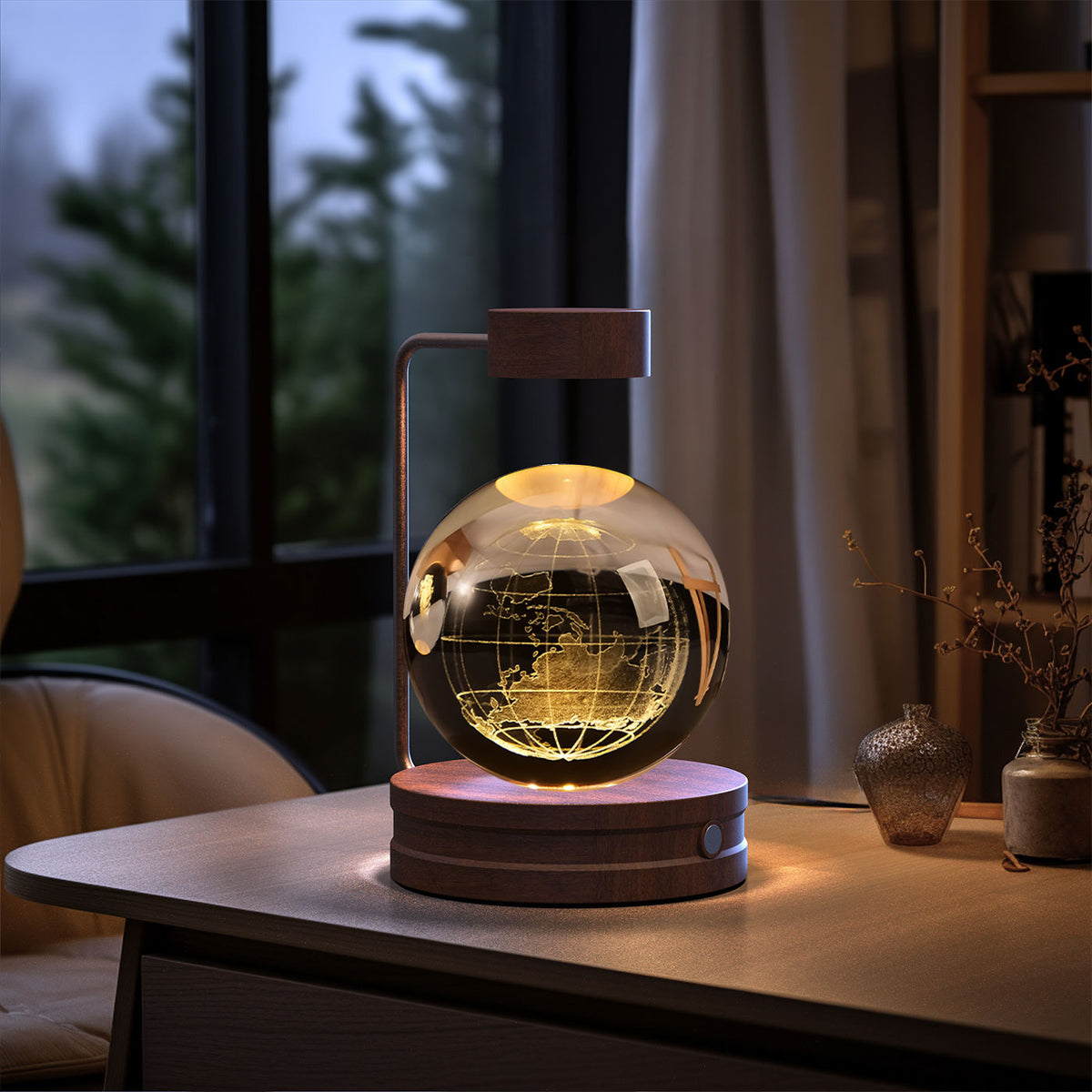 Crystal Ball Night Light With 3D Pattern On Wooden Base