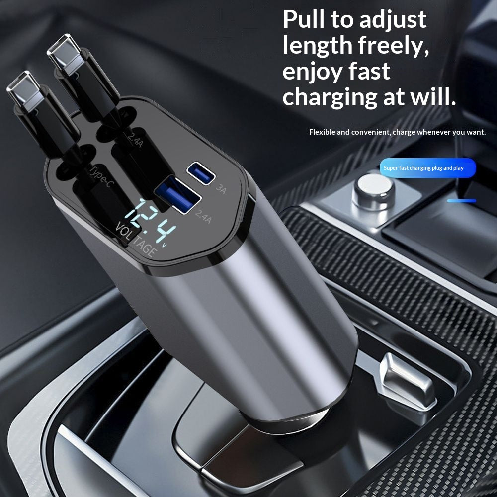 4-in-1 Retractable Car Charger, 120W Fast Charging with USB-C Cables