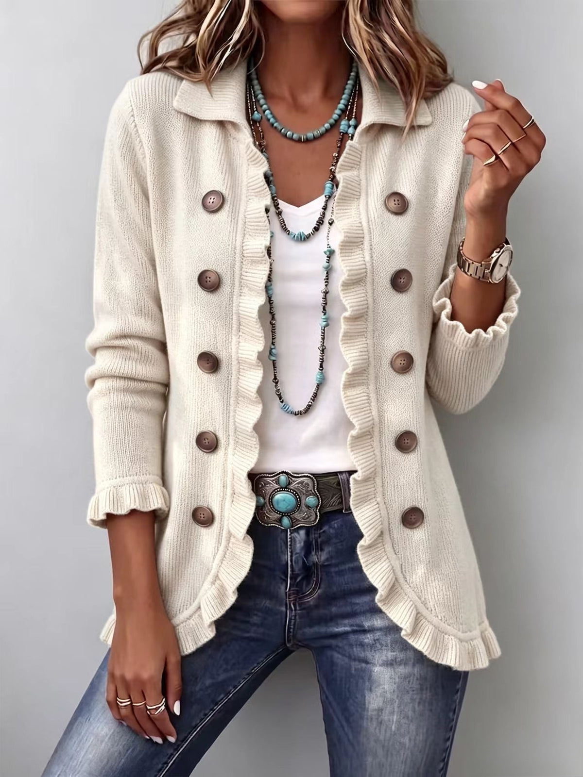 Women's Ruffled Long-Sleeve Knit Cardigan With Buttons