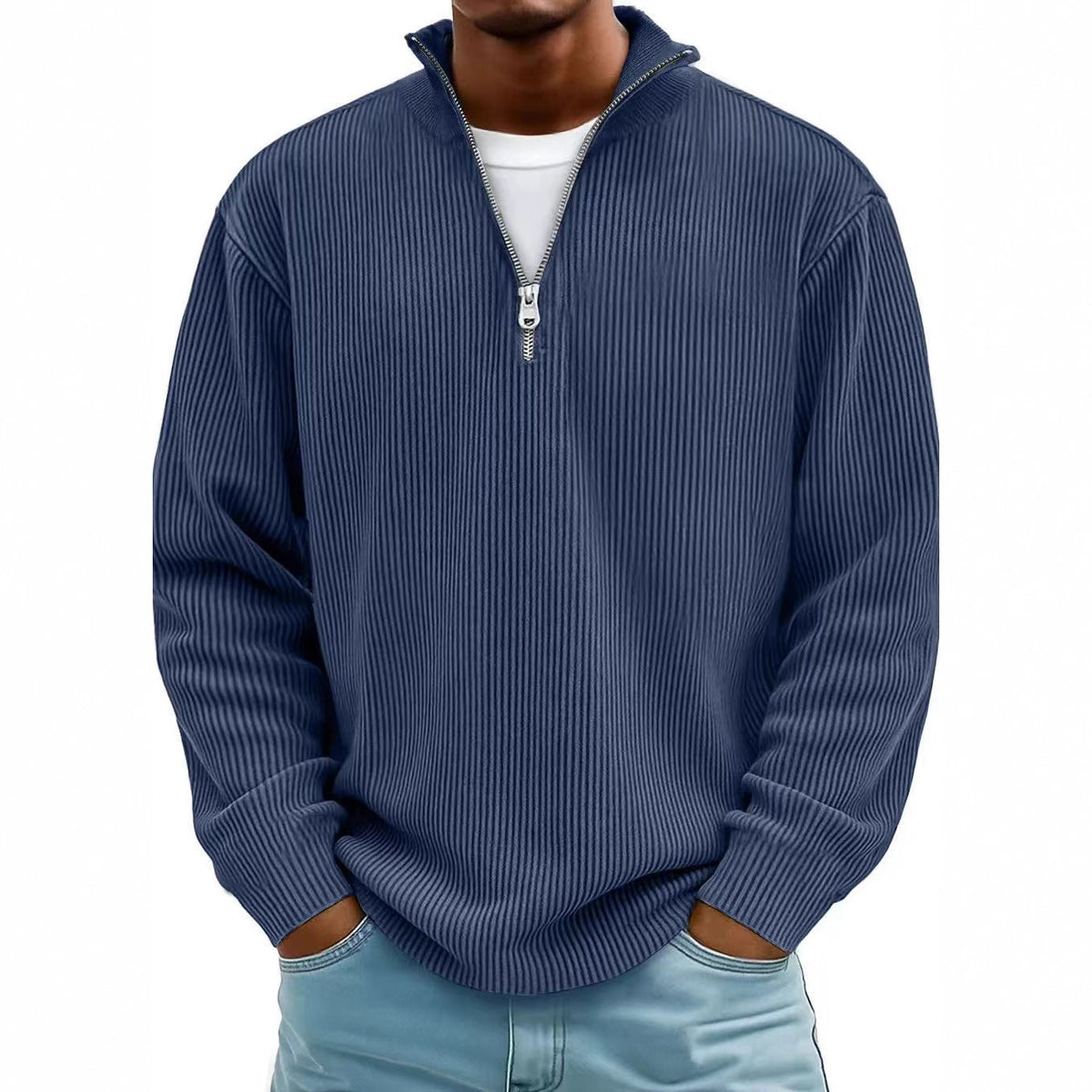 Corduroy Zip-Up Stand Collar Sweatshirt, Warm Solid Colour Top for Men