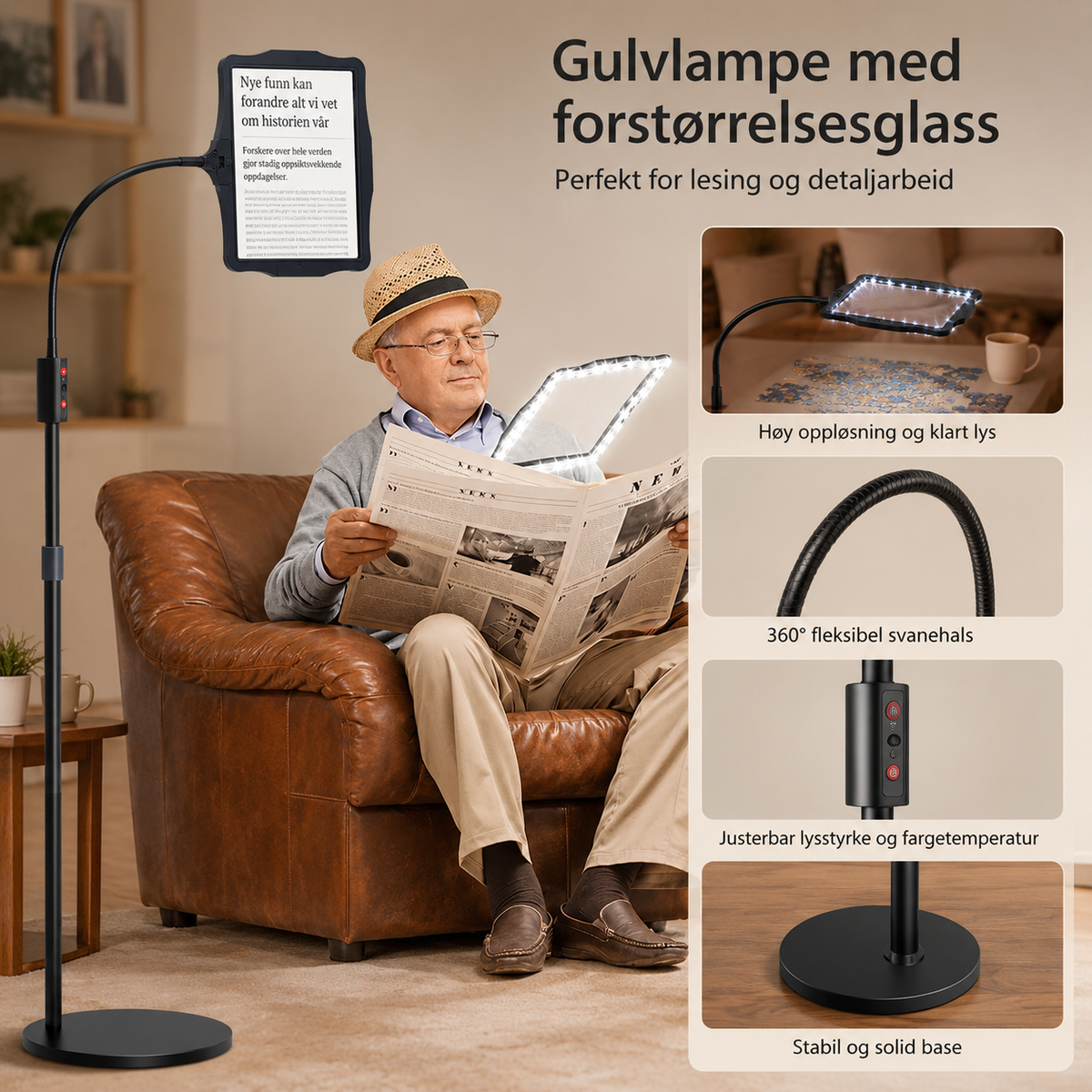 Magnifying Floor Lamp with 3x LED Lens and Flexible Gooseneck