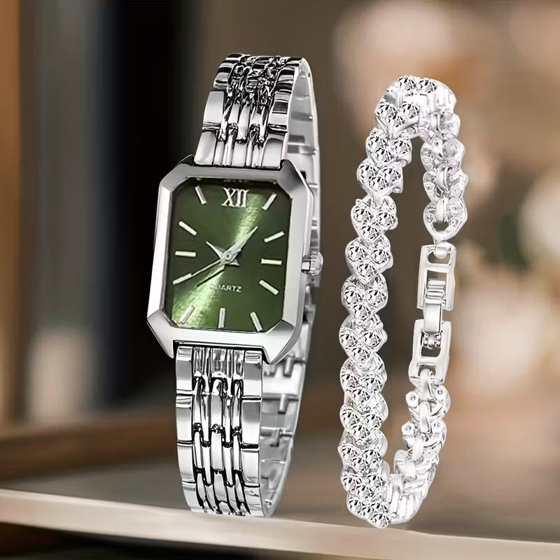 Women's Square Quartz Wristwatch Set with Bracelet
