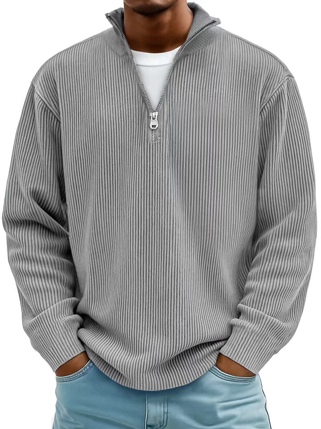 Corduroy Zip-Up Stand Collar Sweatshirt, Warm Solid Colour Top for Men