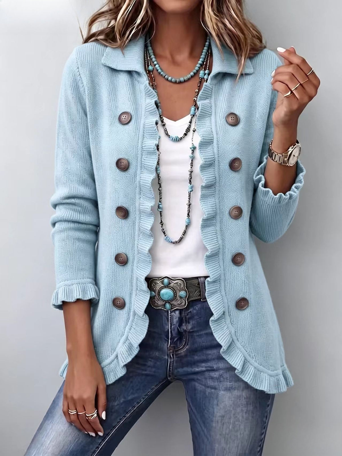 Women's Ruffled Long-Sleeve Knit Cardigan With Buttons