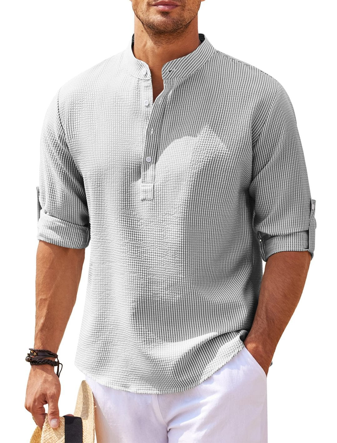 Men's Long Sleeve Stand Collar Shirt, Solid Colour Casual Top