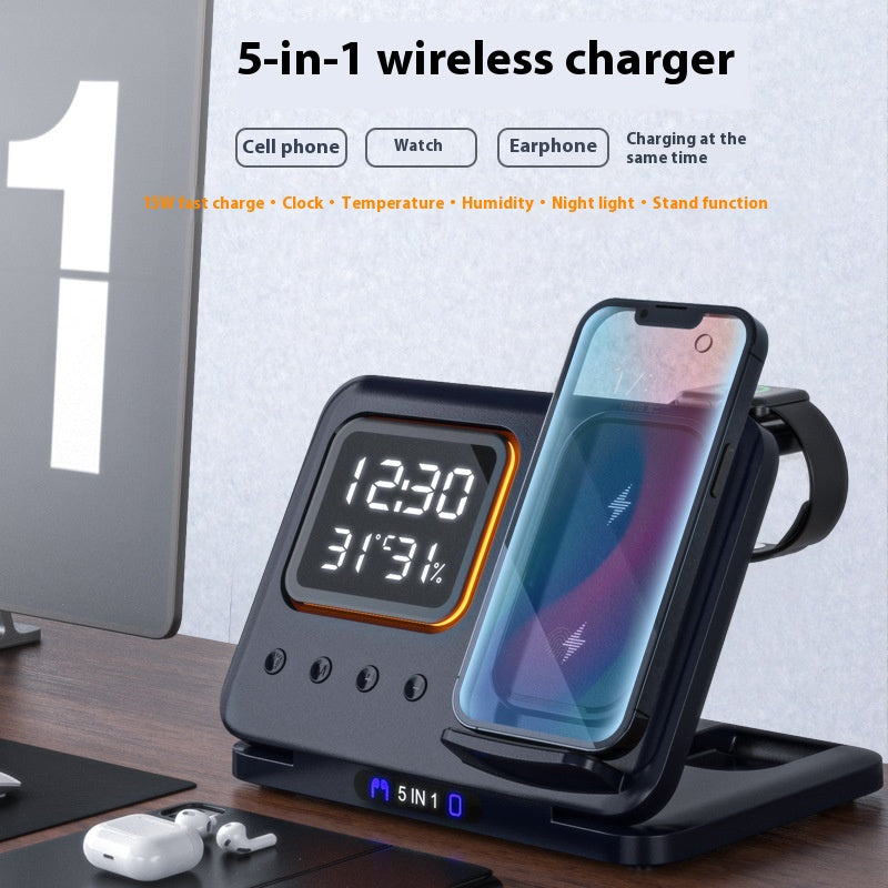5 In 1 Wireless Charger Stand With LED Alarm Clock And Display