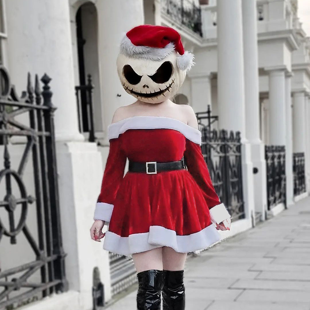 Women's Santa Christmas Dress with Plush Trim Off-Shoulder