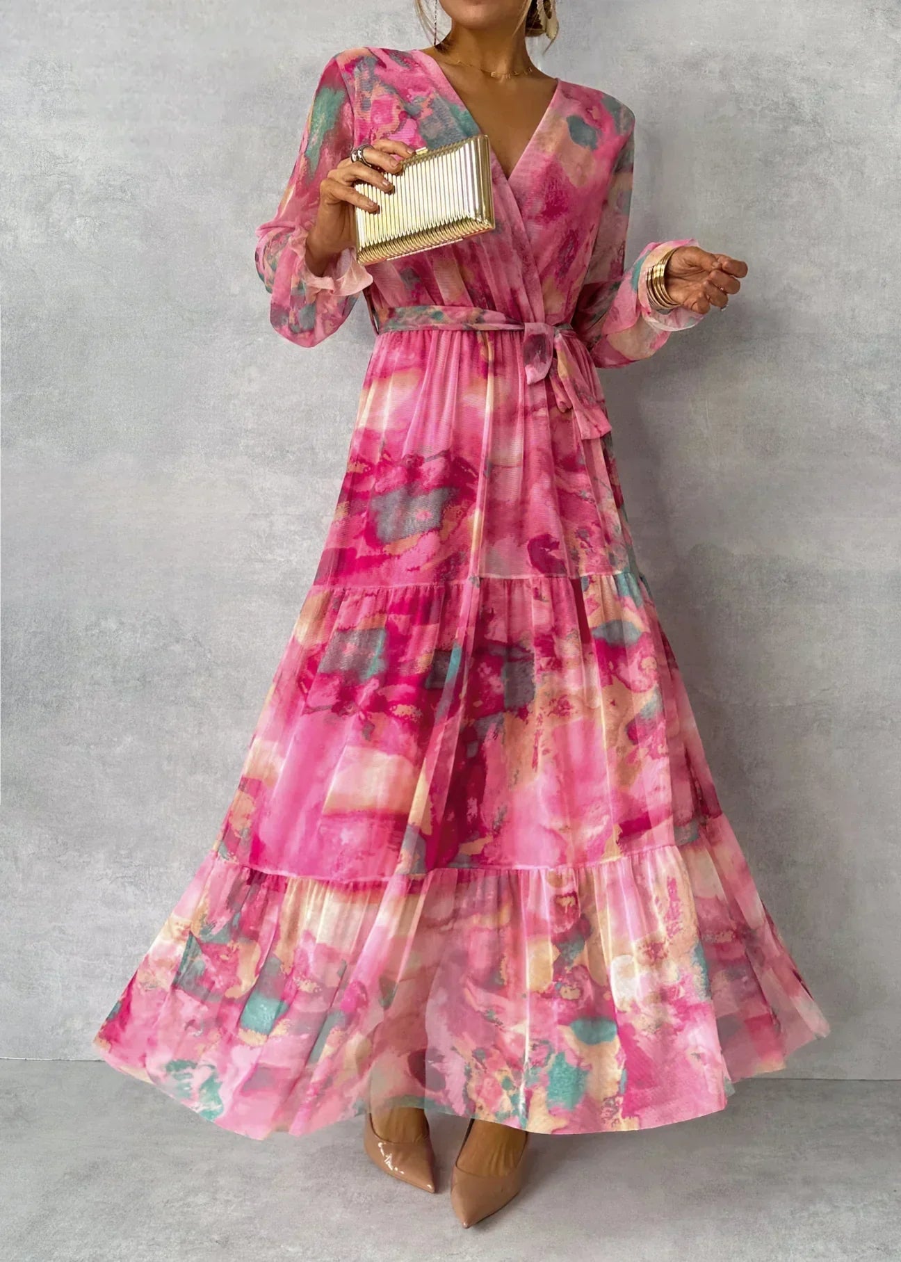 Women's Long Sleeve Maxi Wrap Dress with Tie Waist for Parties