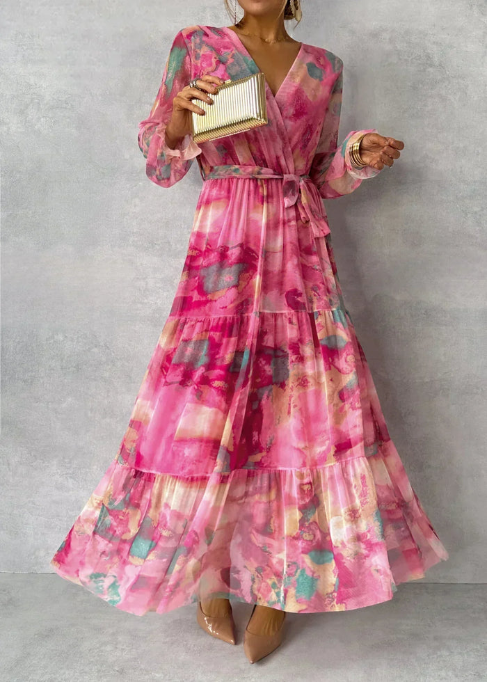 Robe longue portefeuille à manches longues pour femme, avec lien à la taille, pour les fêtes